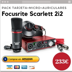 Pack compuesto por tarjeta de sonido, micrófono de condensador y auriculares profesionales