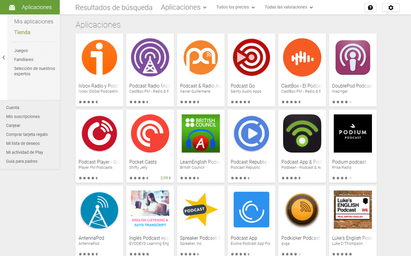 Captura de pantalla de Google play dónde escuchar podcasts